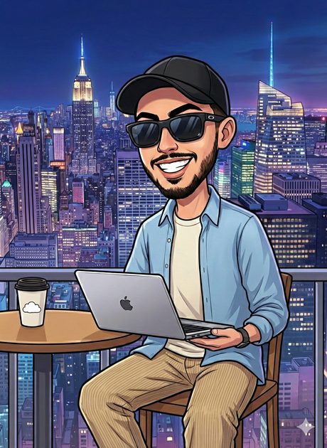 Cartoon caricature of Harshit working on a laptop
